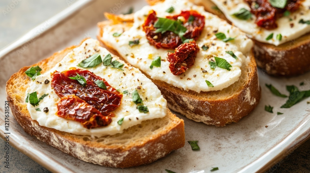 Bruschetta with sun-dried tomatoes and fresh herbs on toasted bread with a rustic background Copy Space Bruschetta with sun-dried tomatoes and fresh herbs on toasted bread with a rustic background Copy Space