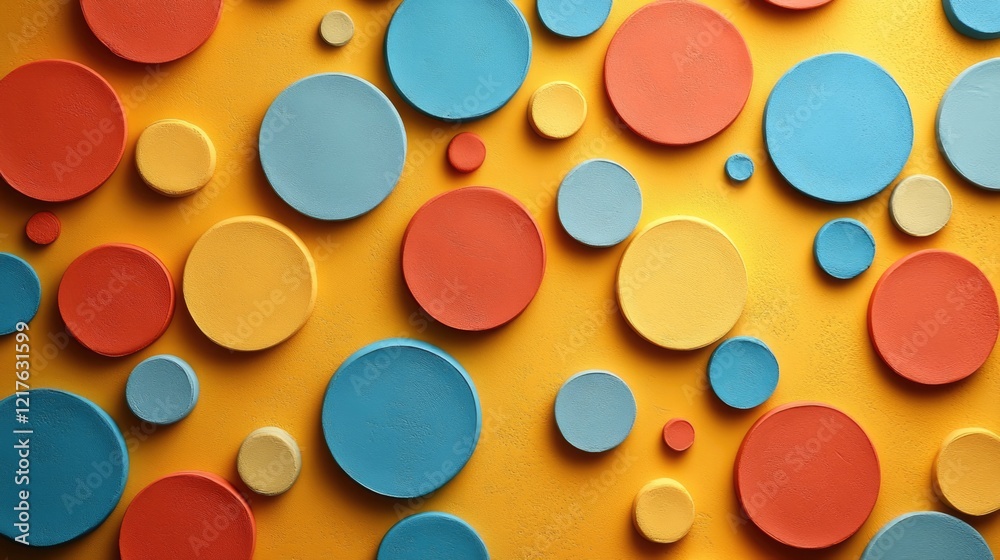 Colorful abstract background with circular shapes in various sizes arranged on a bright yellow surface with Copy Space for text. Colorful abstract background with circular shapes in various sizes arranged on a bright yellow surface with Copy Space for text.