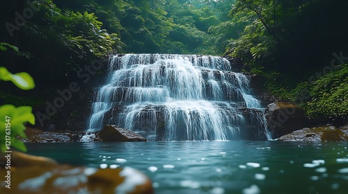 Serene Waterfall in Lush Green Forest Nature Photography