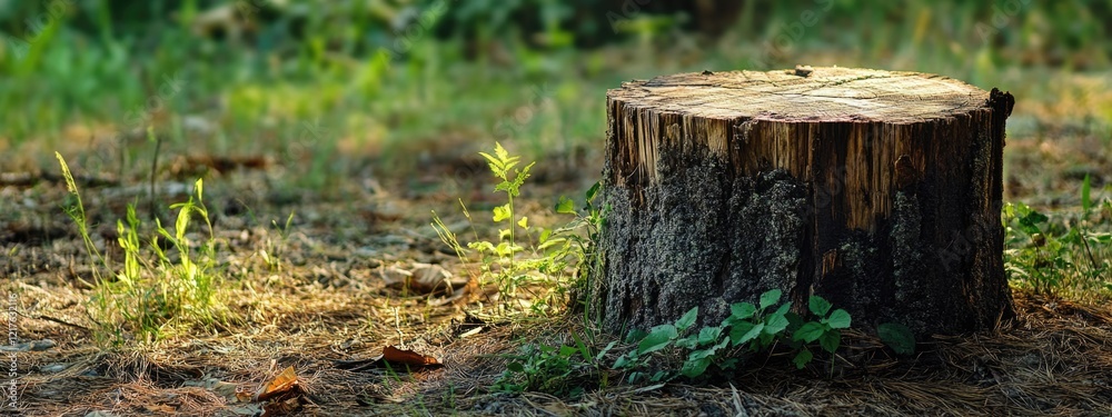 Tree stump in forest setting with sunlight, green grass and plants growing around, natural outdoor environment with copy space Tree stump in forest setting with sunlight, green grass and plants growing around, natural outdoor environment with copy space