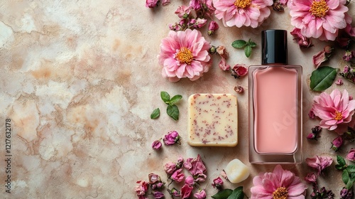 Beauty products arrangement with pink flowers, a glass bottle of nail polish, and a handmade soap on a textured background with copy space photo