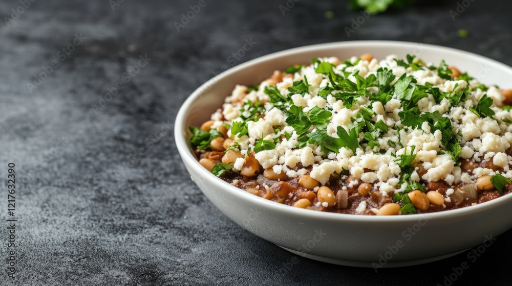 Bowl of lentil stew topped with herbs and crumbled cheese on dark stone background with Copy Space Bowl of lentil stew topped with herbs and crumbled cheese on dark stone background with Copy Space