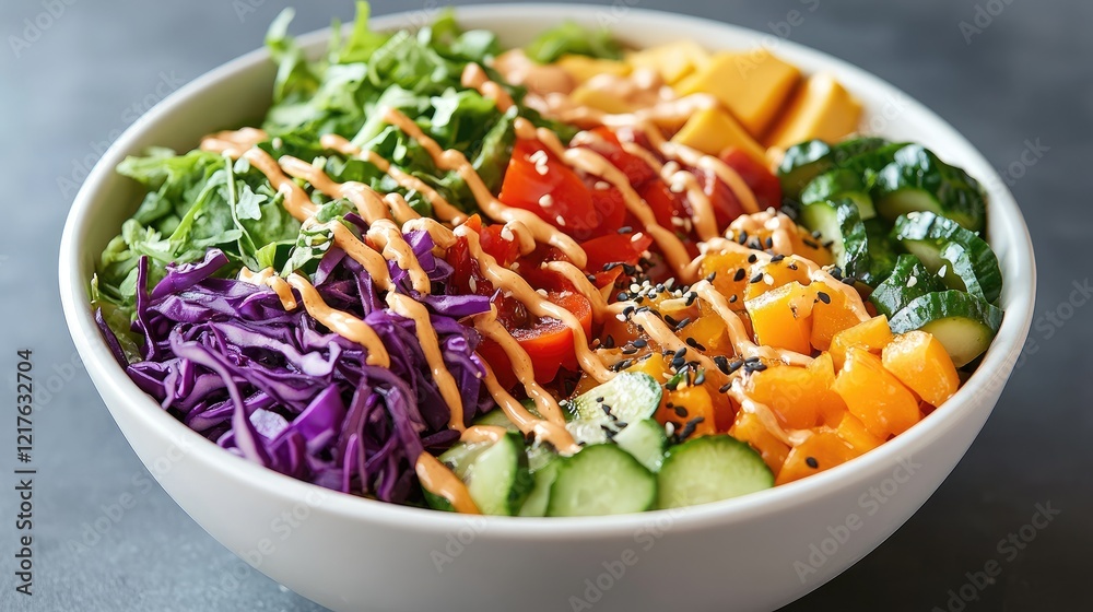 Colorful fresh vegetable salad in a white bowl with drizzle sauce and copy space for text on a dark background Colorful fresh vegetable salad in a white bowl with drizzle sauce and copy space for text on a dark background