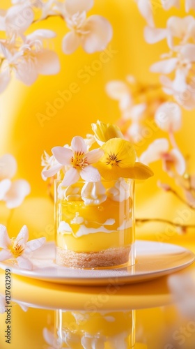 A vibrant lemon dessert with layered textures, creamy mousse, floral garnishes, and a glossy finish, radiating freshness and elegance on a bright yellow background. Generative AI. photo