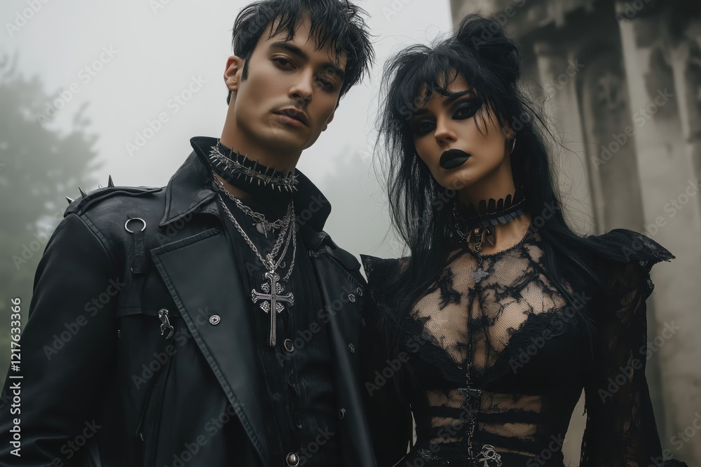 Fototapeta premium Goth Couple: Dark Attire, Gothic Style, Moody Atmosphere