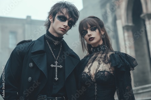 Goth Couple: Dark Attire, Gothic Style, Moody Atmosphere photo