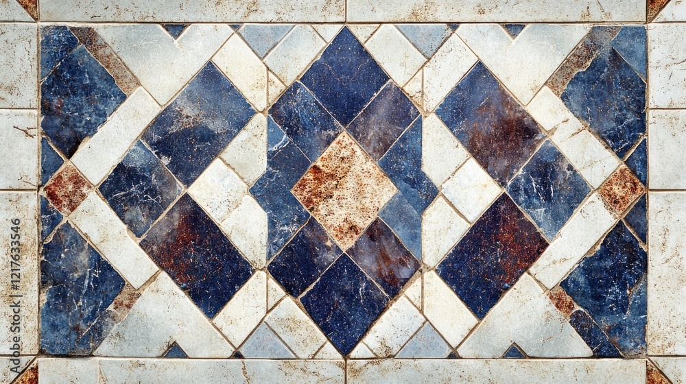 Blue and brown geometric patterned tile mosaic with copy space for text