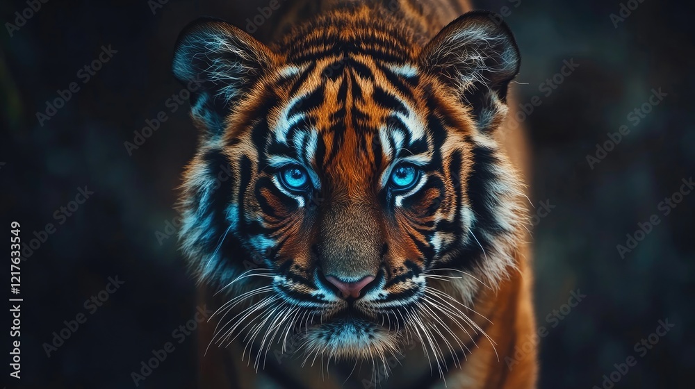 Fototapeta premium Close-up portrait of a Bengal tiger with striking blue eyes and detailed fur textures against a dark blurred background Copy Space