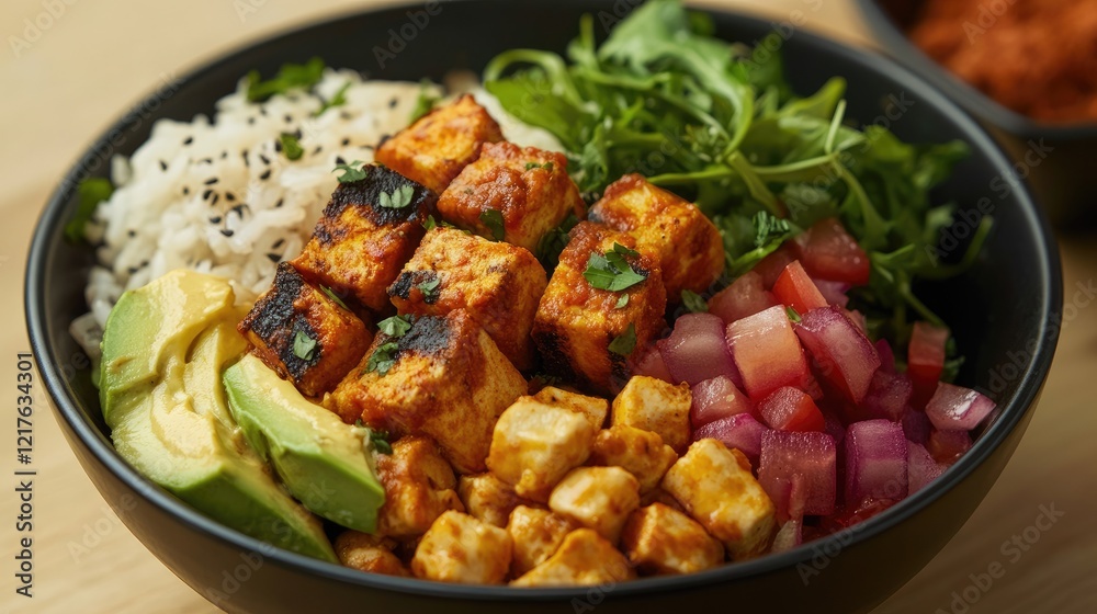 Colorful vegetarian bowl with grilled tofu, fresh vegetables, avocado, and rice topped with herbs and spices on a wooden surface Copy Space Colorful vegetarian bowl with grilled tofu, fresh vegetables, avocado, and rice topped with herbs and spices on a wooden surface Copy Space