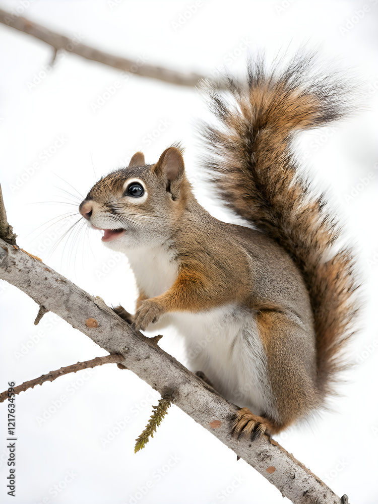 Close-up of a squirrel sitting on a tree branch, isolated on white background in winter, with curled fluffy tail Close-up of a squirrel sitting on a tree branch, isolated on white background in winter, with curled fluffy tail