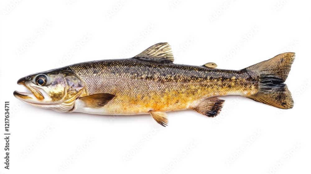 Freshwater trout fish on white background with detailed texture and color pattern Copy Space Freshwater trout fish on white background with detailed texture and color pattern Copy Space
