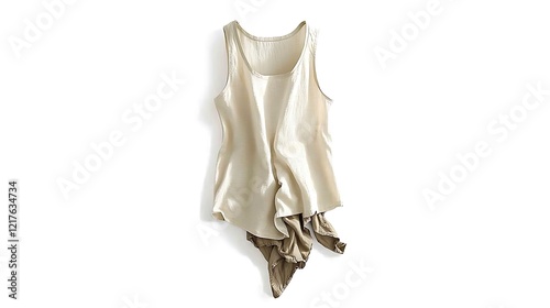 A simple sleeveless white T-shirt arranged flat on a bright white background, emphasizing its casual and clean style