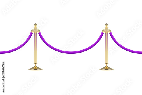 Barriers with purple rope, seamless line. Realistic image of golden stanchion poles, velvet rope. Isolated on white background. Vector illustration