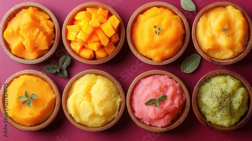 Colorful assortment of fruit sorbets in wooden bowls on a pink background with fresh mint leaves and copy space for text photo