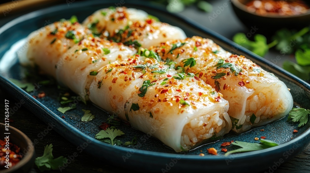 Steamed rice rolls topped with chili flakes and cilantro on a blue plate Copy Space Steamed rice rolls topped with chili flakes and cilantro on a blue plate Copy Space