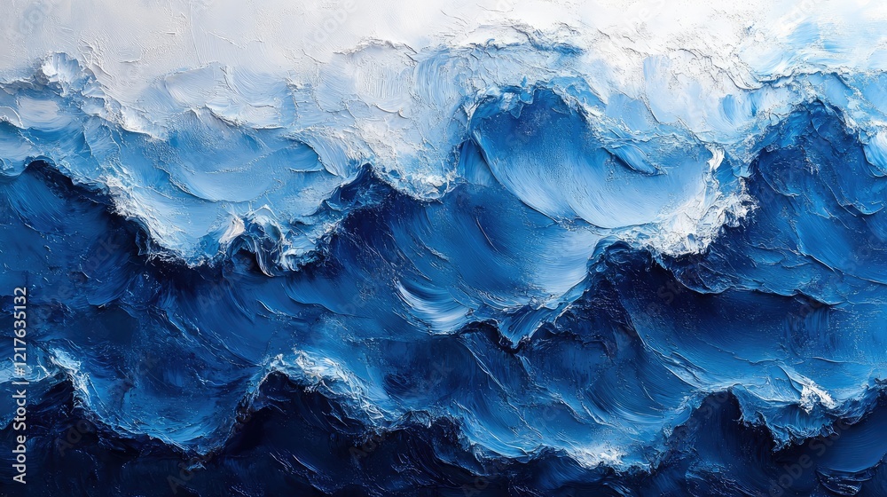 Textured abstract painting of ocean waves in shades of blue with hints of white highlighting the foam and movement Copy Space Textured abstract painting of ocean waves in shades of blue with hints of white highlighting the foam and movement Copy Space