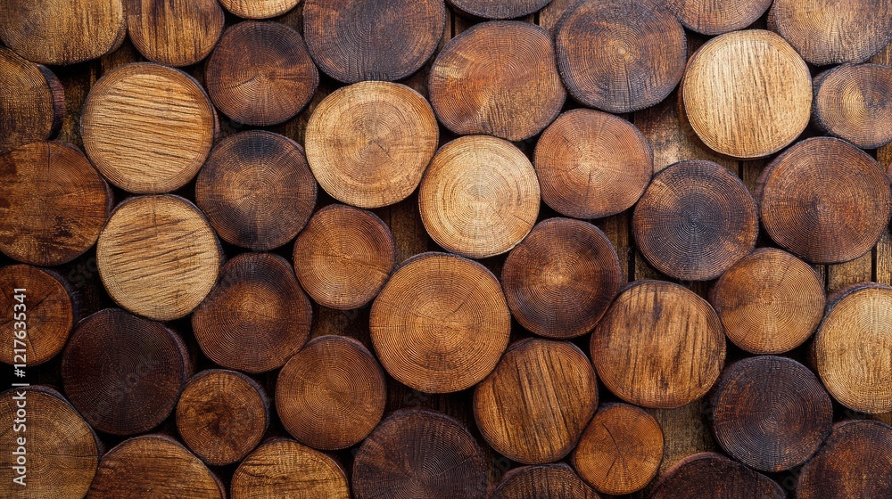 Close-up of round wooden slices arranged in a pattern on a wooden surface with Copy Space for text placement. Close-up of round wooden slices arranged in a pattern on a wooden surface with Copy Space for text placement.