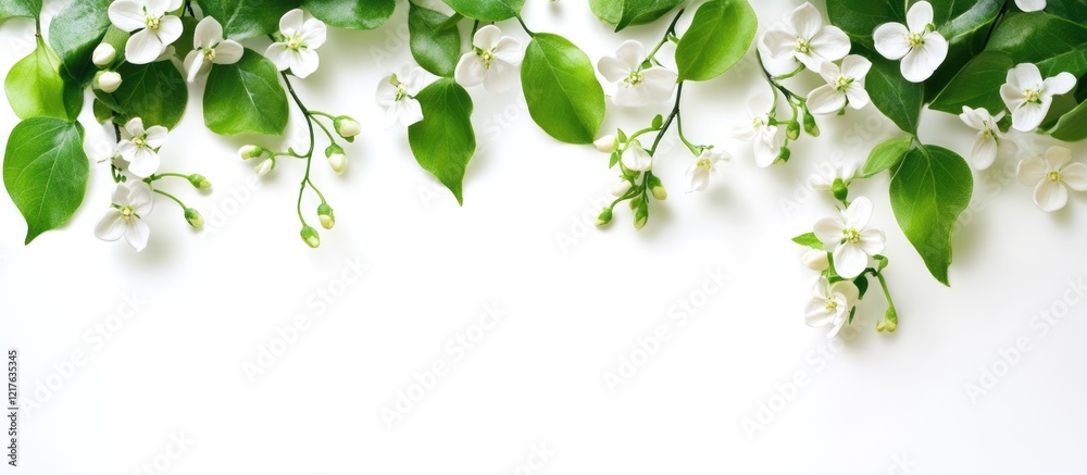 Fototapeta premium White flowers and green leaves arranged on a white background with Copy Space for text insertion