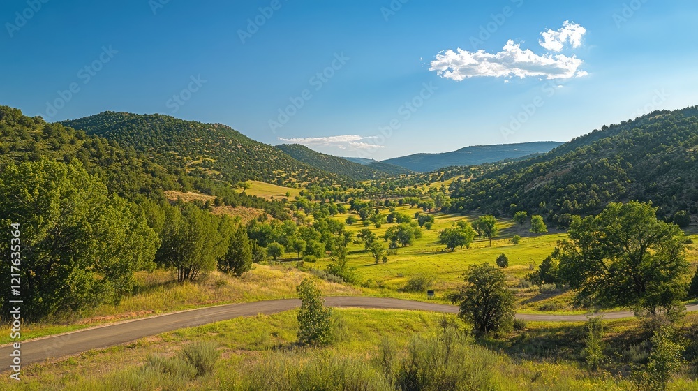 Naklejka premium Scenic landscape view of rolling green hills and winding road under clear blue sky with fluffy clouds and ample copy space.