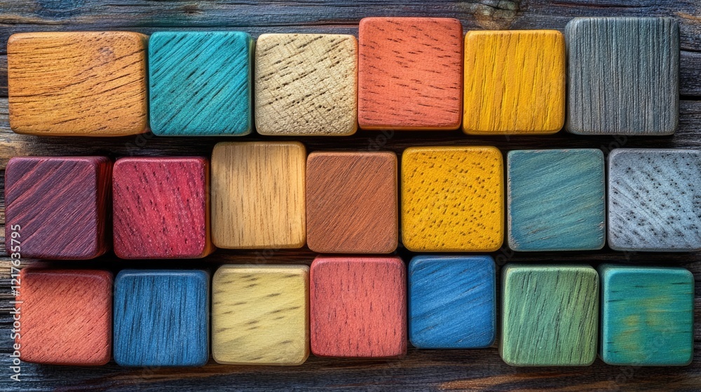 Colorful wooden blocks arranged on a rustic wooden surface with various shades and patterns Copy Space