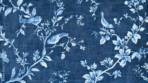 Blue French toile fabric texture with repeating bird and branch motif set against a solid background.illustration