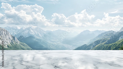 Marble tabletop with distant mountain views created for refined product mockups