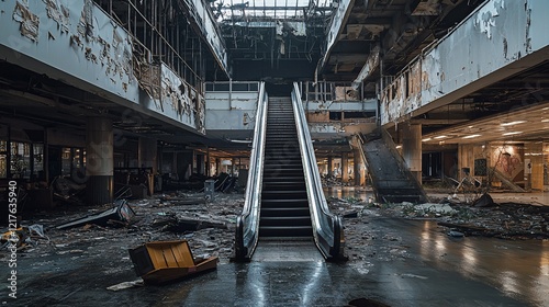 Abandoned fire-damaged shopping mall interior with escalator.