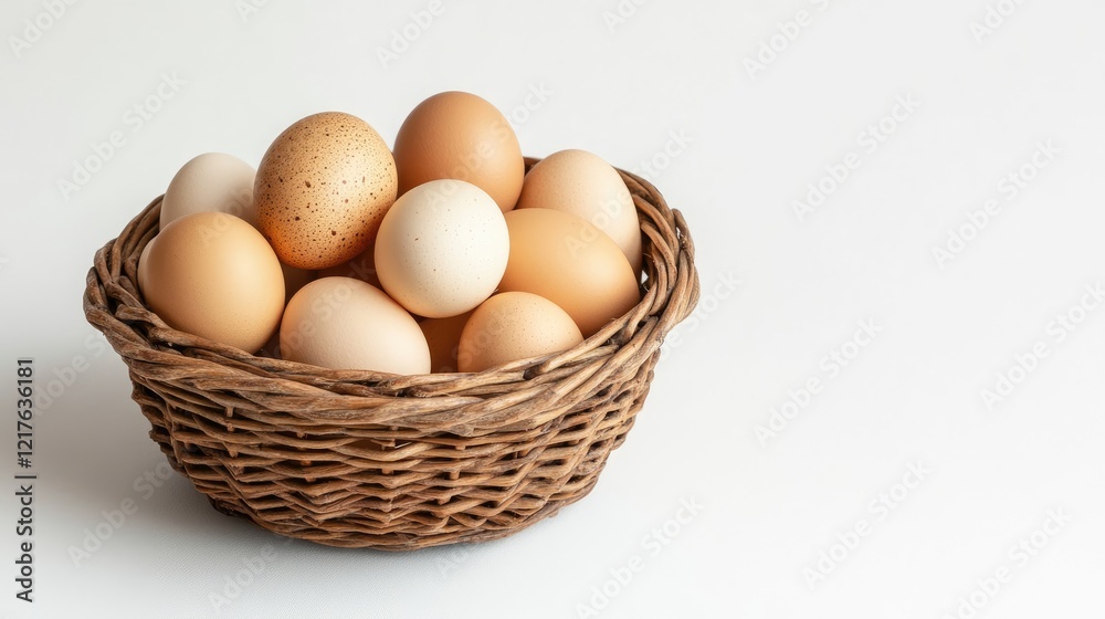 Basket of assorted eggs on a white background with Copy Space for text placement Basket of assorted eggs on a white background with Copy Space for text placement