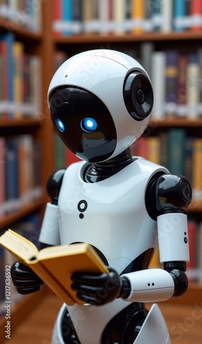 A new generation robot reads a book against the backdrop of shelves filled with books in a university library