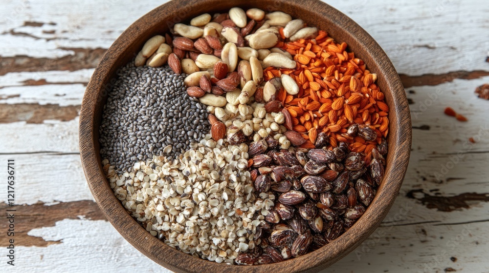 Assorted seeds and grains in a wooden bowl on a rustic table with copy space for text. Assorted seeds and grains in a wooden bowl on a rustic table with copy space for text.