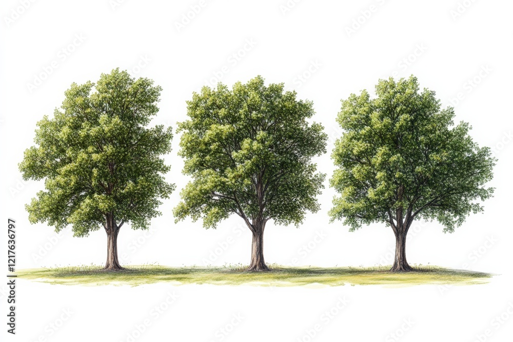 Fototapeta premium Detailed illustration of three vibrant trees arranged in a row on a grassy area under bright daylight