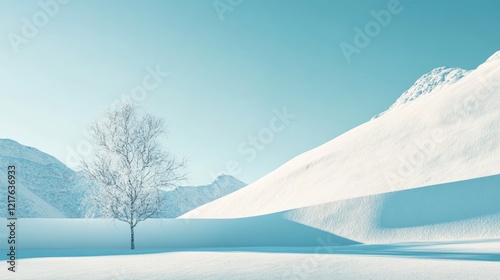 Winter landscape featuring a solitary tree surrounded by snow-covered mountains and gentle slopes with clear blue sky Copy Space photo