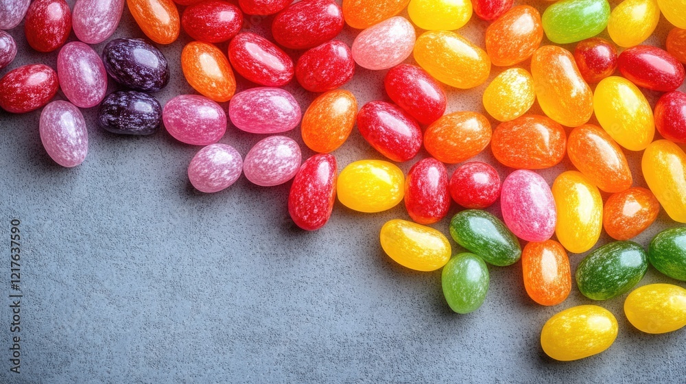 Colorful jelly beans scattered on a gray surface with copy space for text and design elements. Colorful jelly beans scattered on a gray surface with copy space for text and design elements.