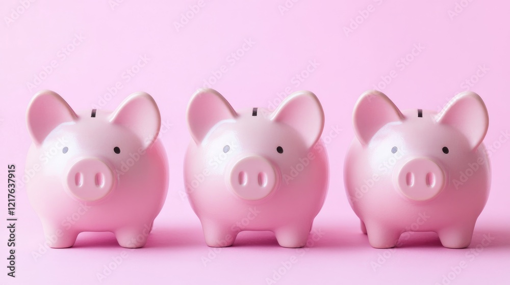 Three pink piggy banks lined up against a pink background with copy space for text Three pink piggy banks lined up against a pink background with copy space for text