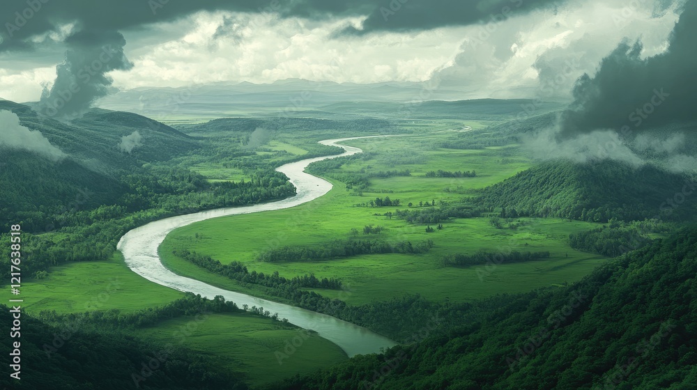 Fototapeta premium Vast winding river flowing through lush green valley surrounded by mountains under dramatic cloudy sky Copy Space