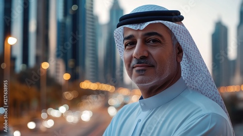 Confident and cheerful mature Arabian businessman wearing traditional kandura and headgear, standing in a professional pose with a blurred city skyline in the background, representing investment photo