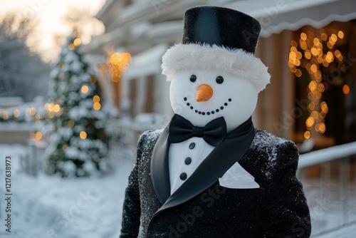 Joyful snowman in a tuxedo stands near a decorated tree with twinkling lights during winter festivities