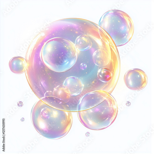 Group of iridescent bubbles with golden highlights on a clean white background