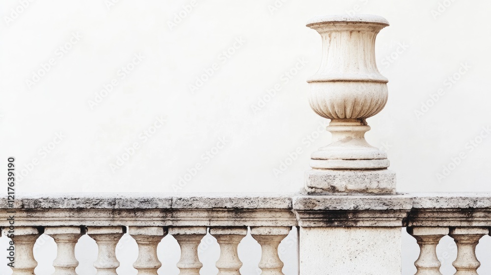 Fototapeta premium Classical stone balustrade with a decorative urn against a plain wall providing ample Copy Space for text insertion