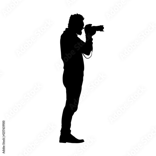 Photographer silhouette, standing man taking photo - vector illustration