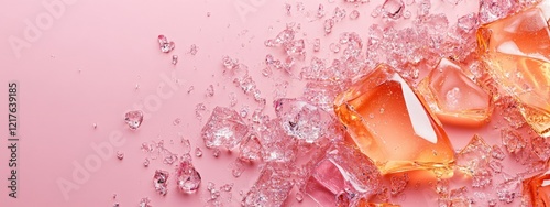 Ice cubes and orange drink splashes on pink background with water droplets and copy space photo