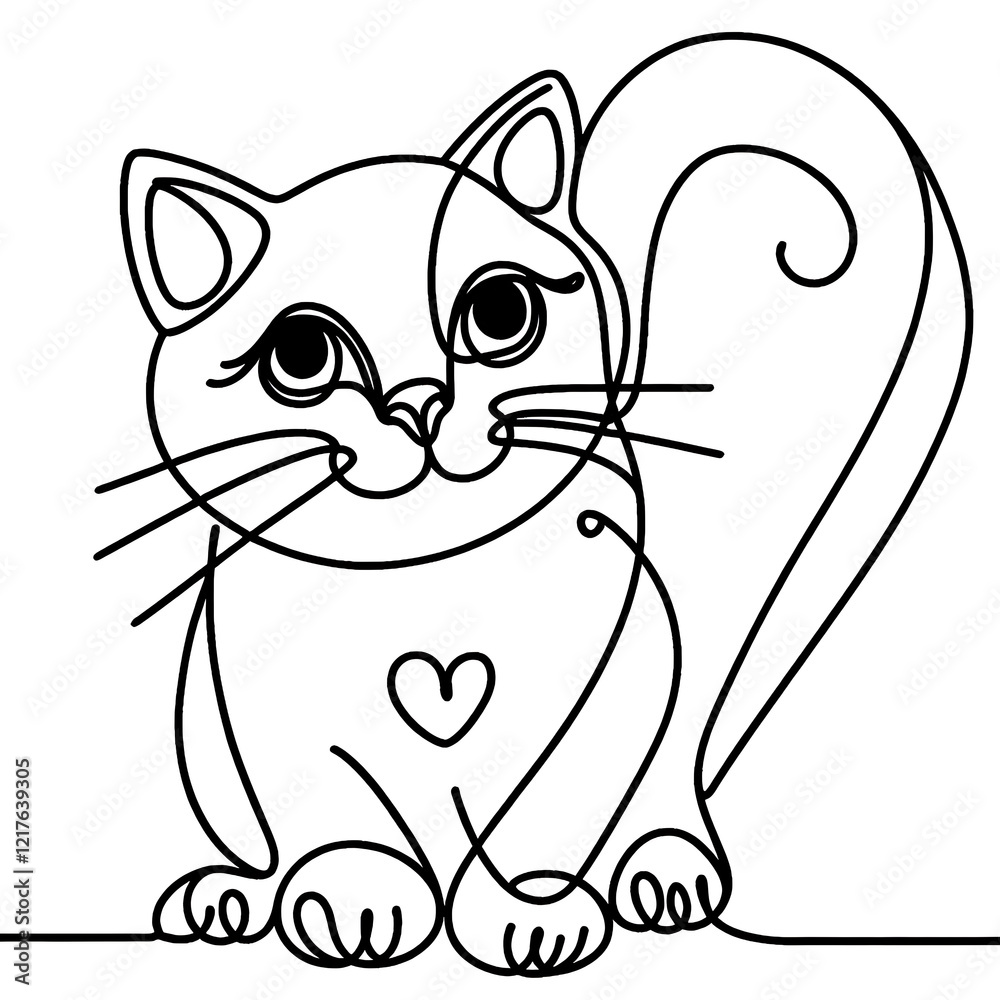 Obraz premium Adorable Minimalist Cat Line Art Illustration - Cute Feline Doodle with Whiskers and Heart