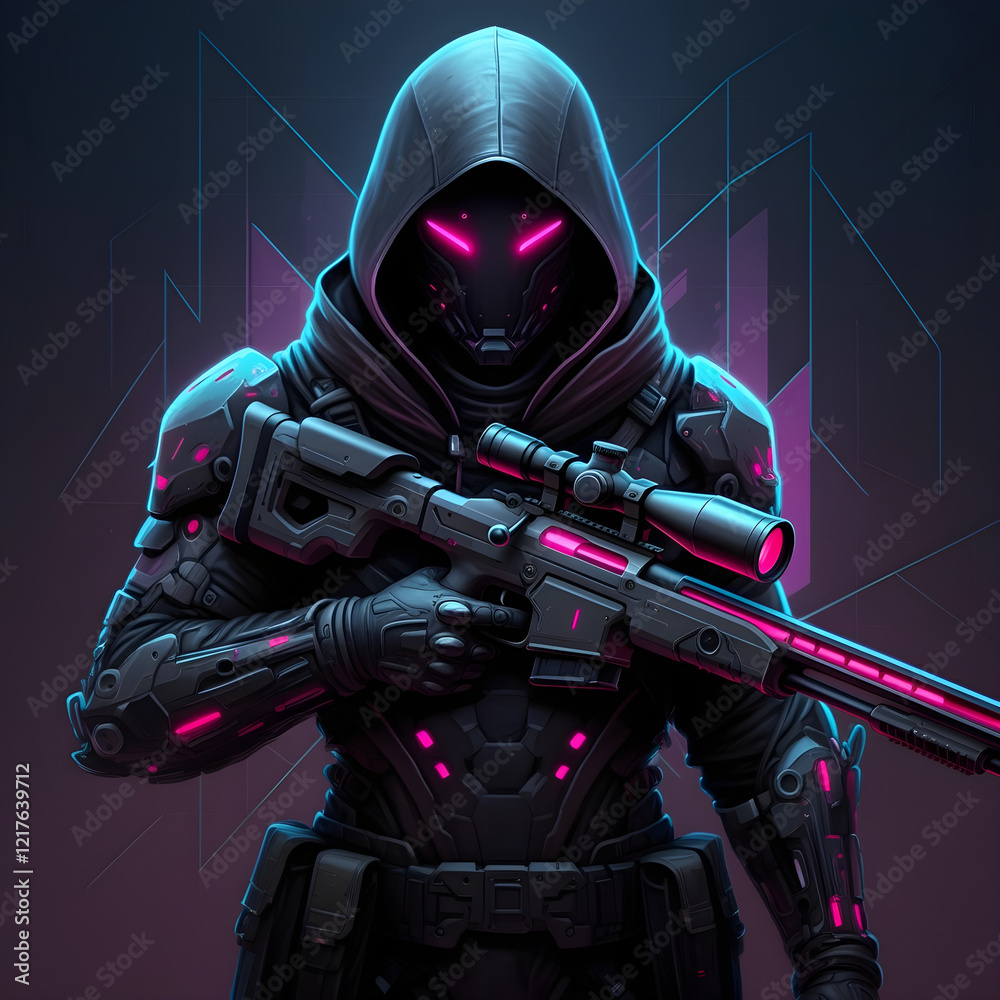 Fototapeta premium Mysterious Sniper in Neon Lights