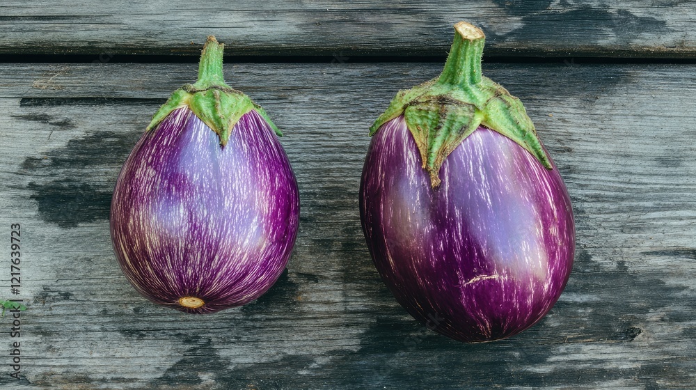 Fototapeta premium Fresh purple eggplants on weathered wooden surface with natural lighting and Copy Space for text placement