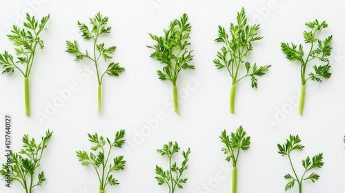 Fresh green parsley leaves arranged in a row on a white background with ample Copy Space for text placement. photo