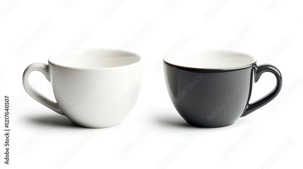 Two ceramic cups in contrasting colors of white and black placed side by side on a white background with Copy Space for text placement Two ceramic cups in contrasting colors of white and black placed side by side on a white background with Copy Space for text placement