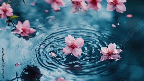 Pink cherry blossoms floating on water surface with ripples and soft bokeh background Copy Space photo