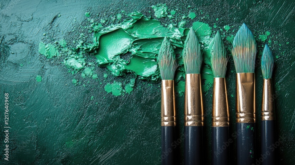 Fototapeta premium Green paint with five paintbrushes arranged on a textured dark background creating Copy Space for text insertion