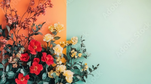 Colorful floral arrangement on a split background with orange and green hues featuring various blooming flowers and leaves Copy Space