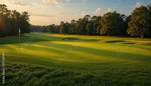 Beautiful golf course with green fairway and flag on the side, golden hour lighting, beautiful sky, trees in the background, wide shot, 8k
